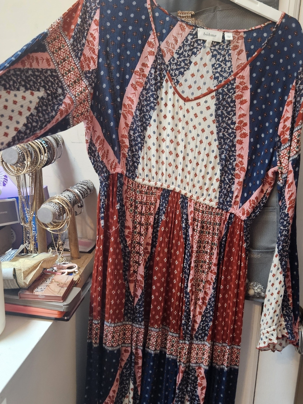 bohme Patchwork Midi Dress in Navy, Red, Pink and Cream